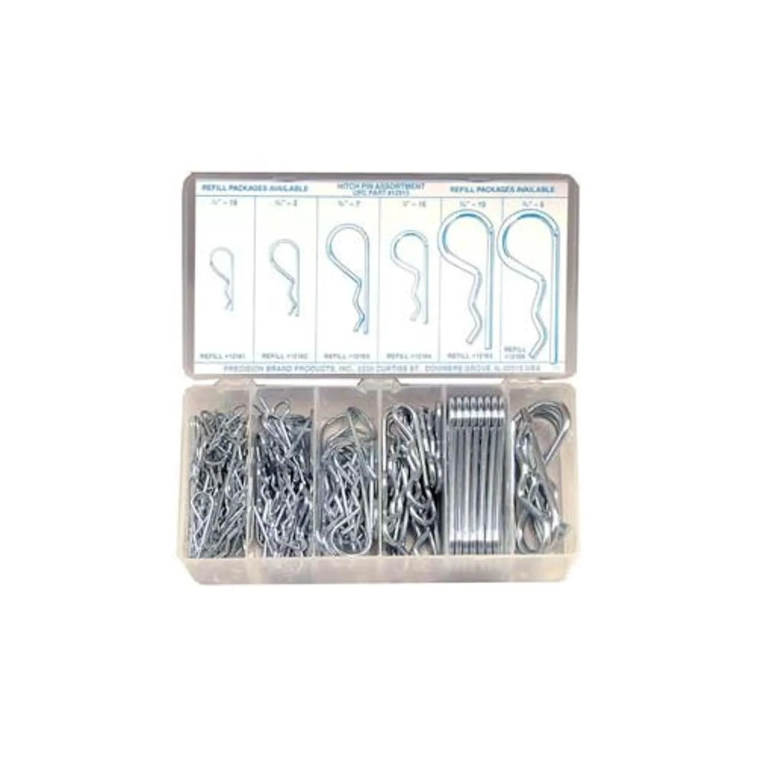 Precision Brand 12915 150 Piece Hitch Pin Clip Assortment, Spring Steel, Plastic Compartment Box is Easy to Store