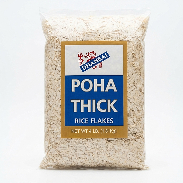 4lb bag of premium Thick Poha showing uniform, large flattened rice flakes for making Kanda Poha