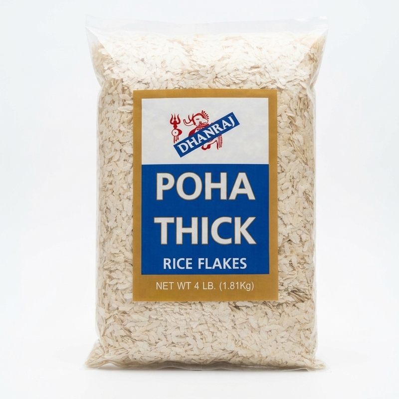 4lb bag of premium Thick Poha showing uniform, large flattened rice flakes for making Kanda Poha