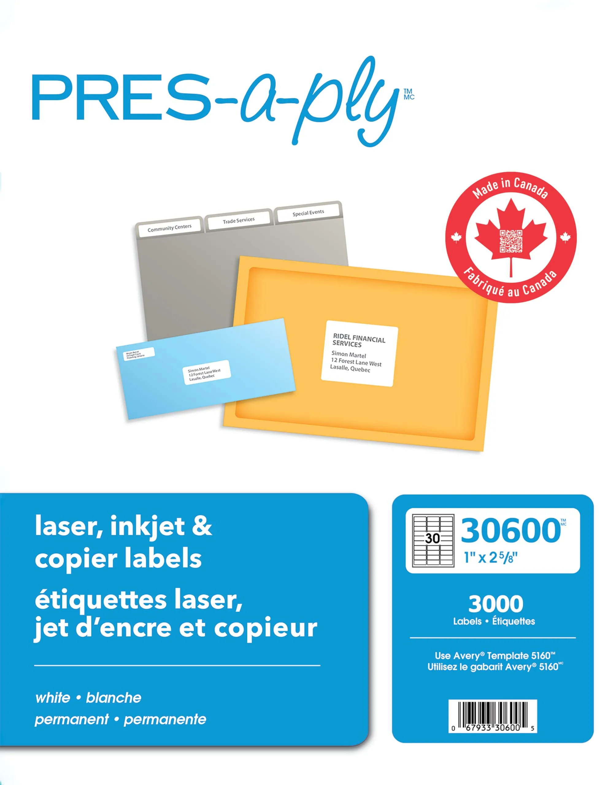 PRES-a-ply Laser Address Labels, 1 x 2-5/8, White, 3000/Box