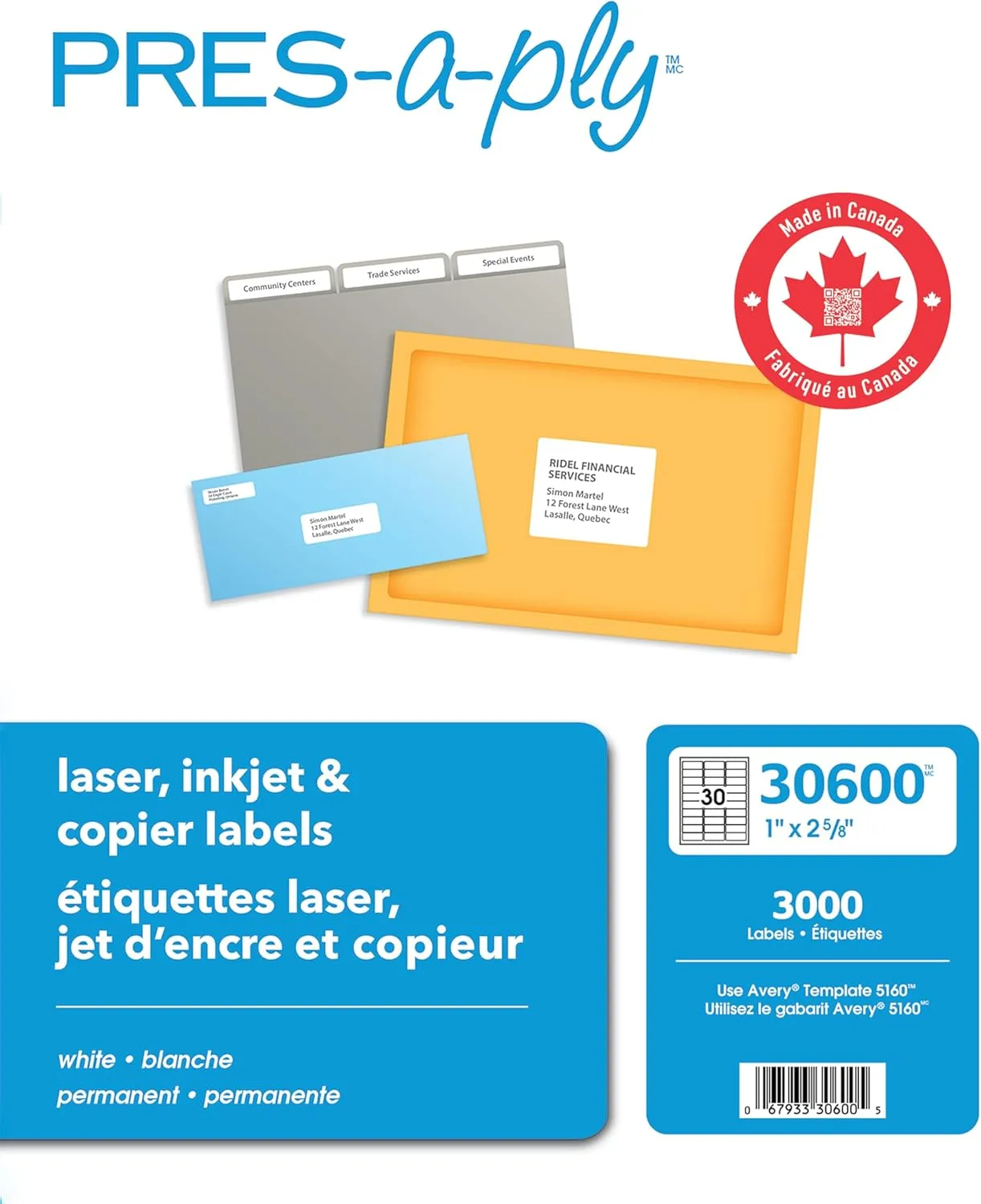 PRES-a-ply Laser Address Labels, 1 x 2-5/8, White, 3000/Box