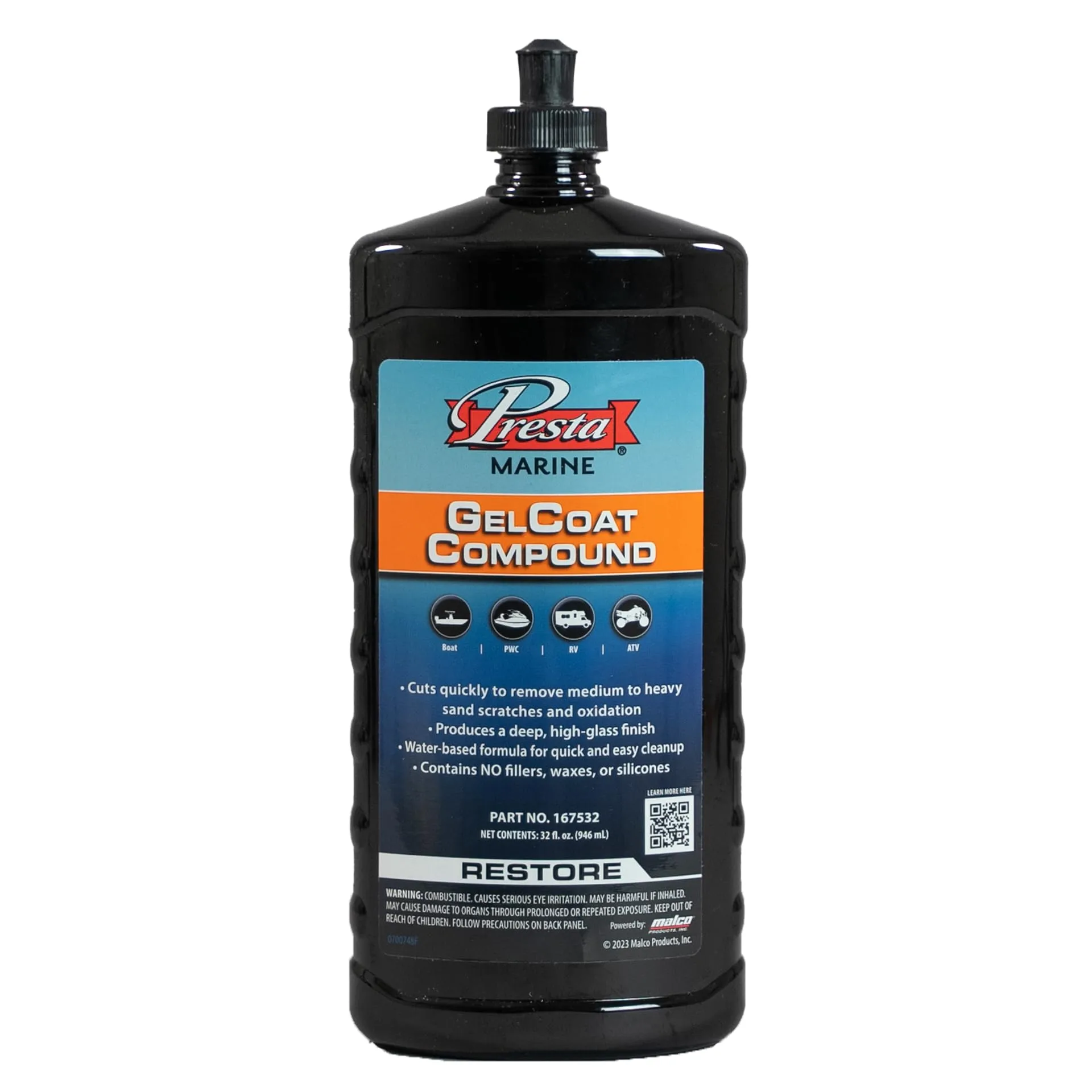 Presta Marine GelCoat Compound for Marine and Industrial Use, VOC Compliant/Water-Based/Reduces Buffing Time/Removes