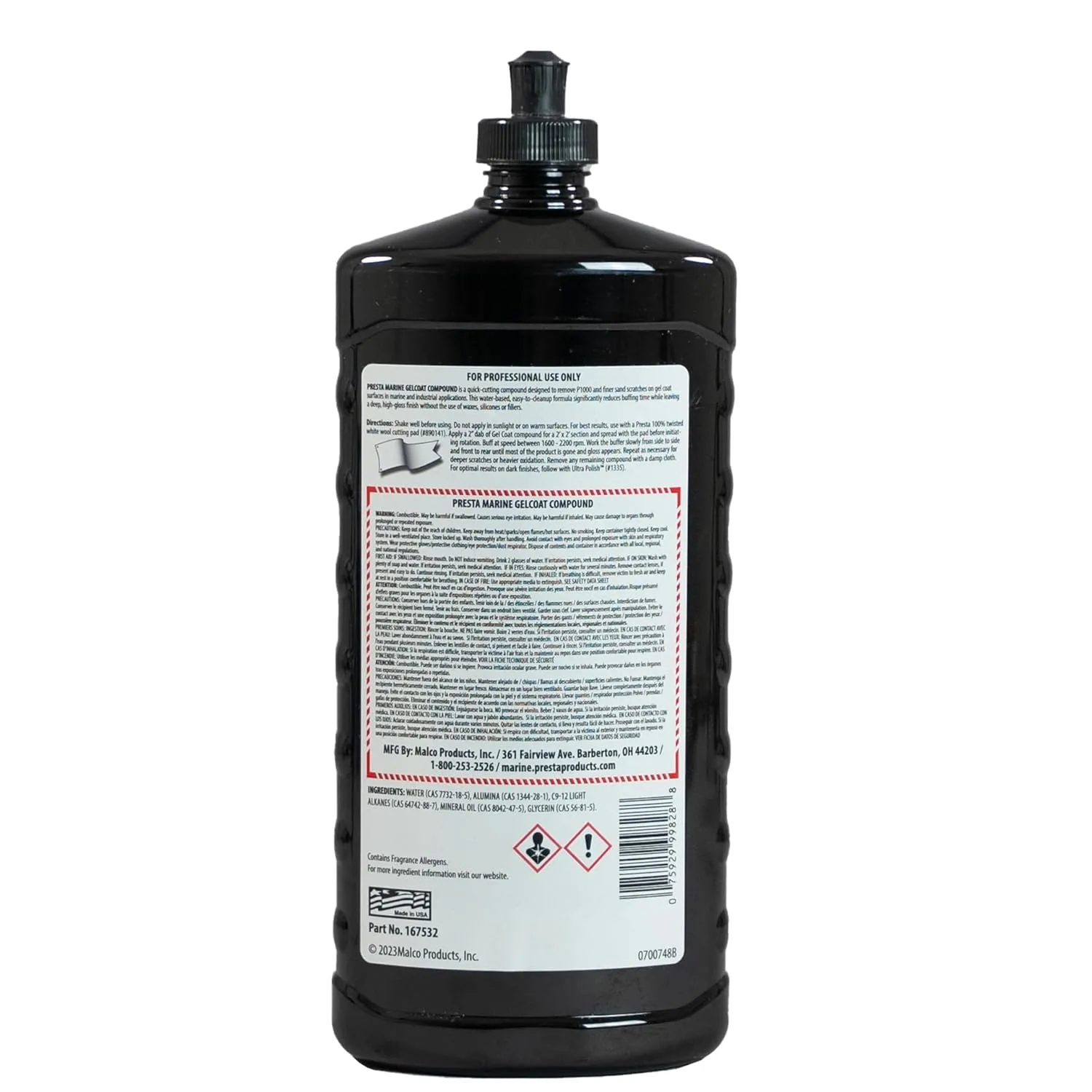 Presta Marine GelCoat Compound for Marine and Industrial Use, VOC Compliant/Water-Based/Reduces Buffing Time/Removes