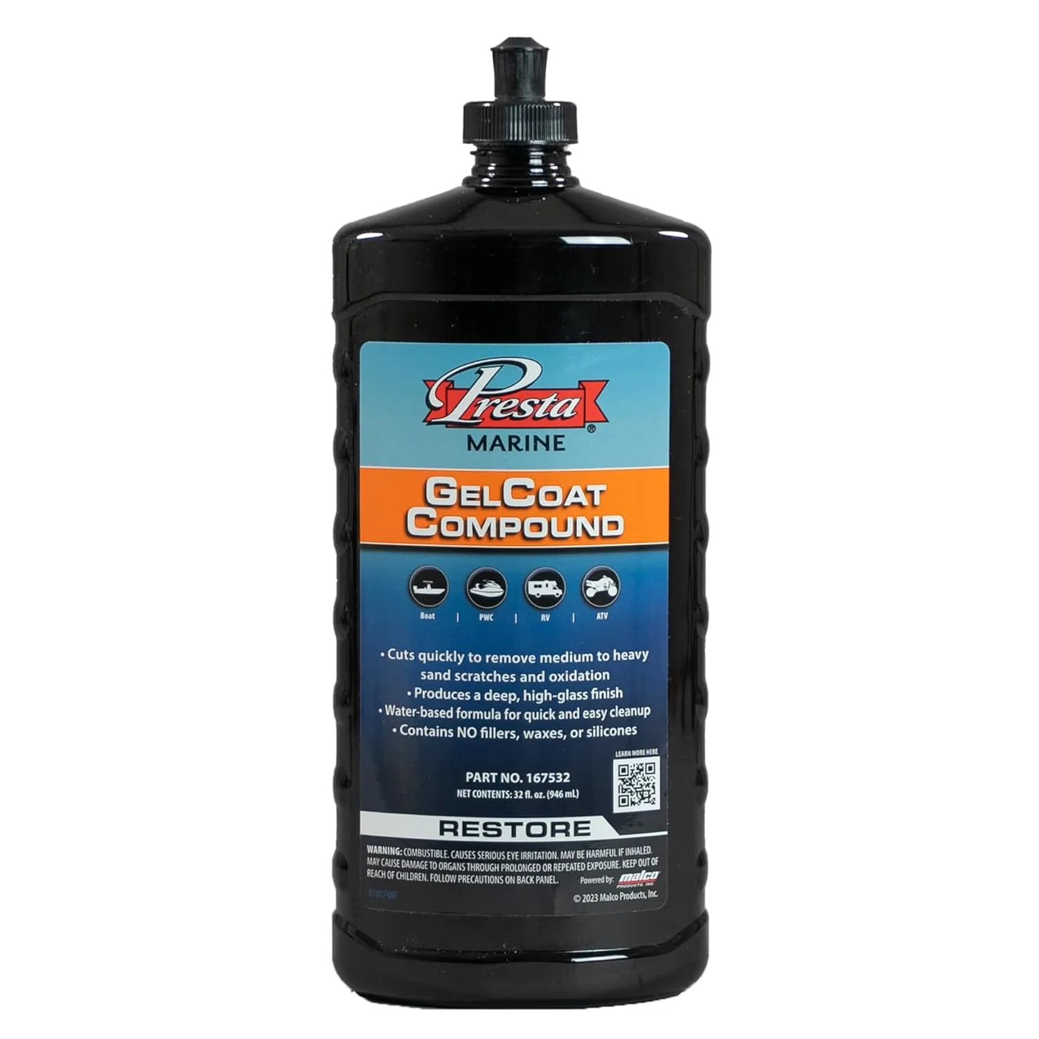 Presta Marine GelCoat Compound for Marine and Industrial Use, VOC Compliant/Water-Based/Reduces Buffing Time/Removes