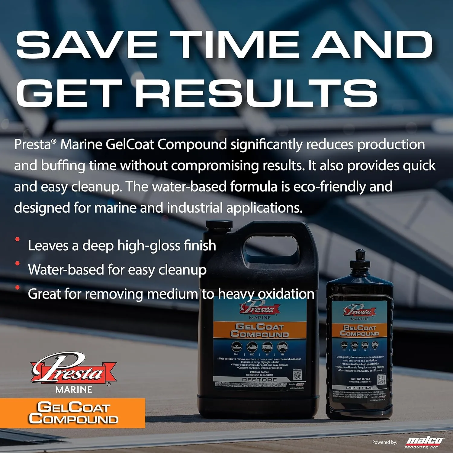 Presta Marine GelCoat Compound for Marine and Industrial Use, VOC Compliant/Water-Based/Reduces Buffing Time/Removes