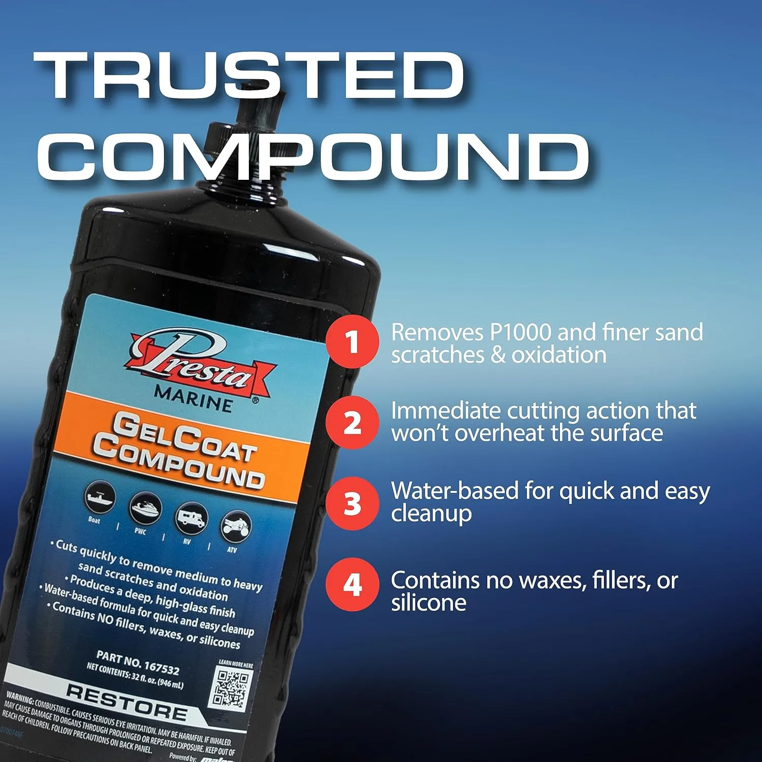 Presta Marine GelCoat Compound for Marine and Industrial Use, VOC Compliant/Water-Based/Reduces Buffing Time/Removes