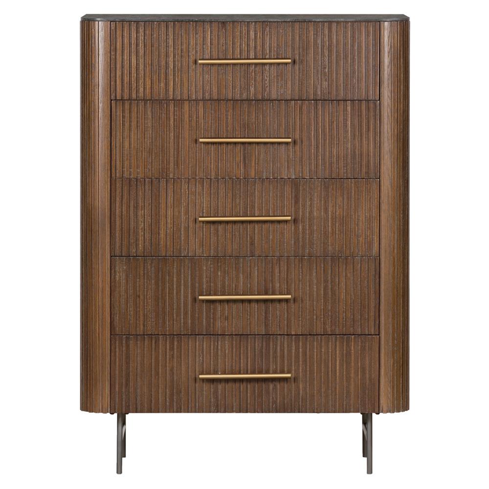 Florence Mid Century Grey Stone Brown Oak Wood Brushed Iron 5 Drawer Tall Chest