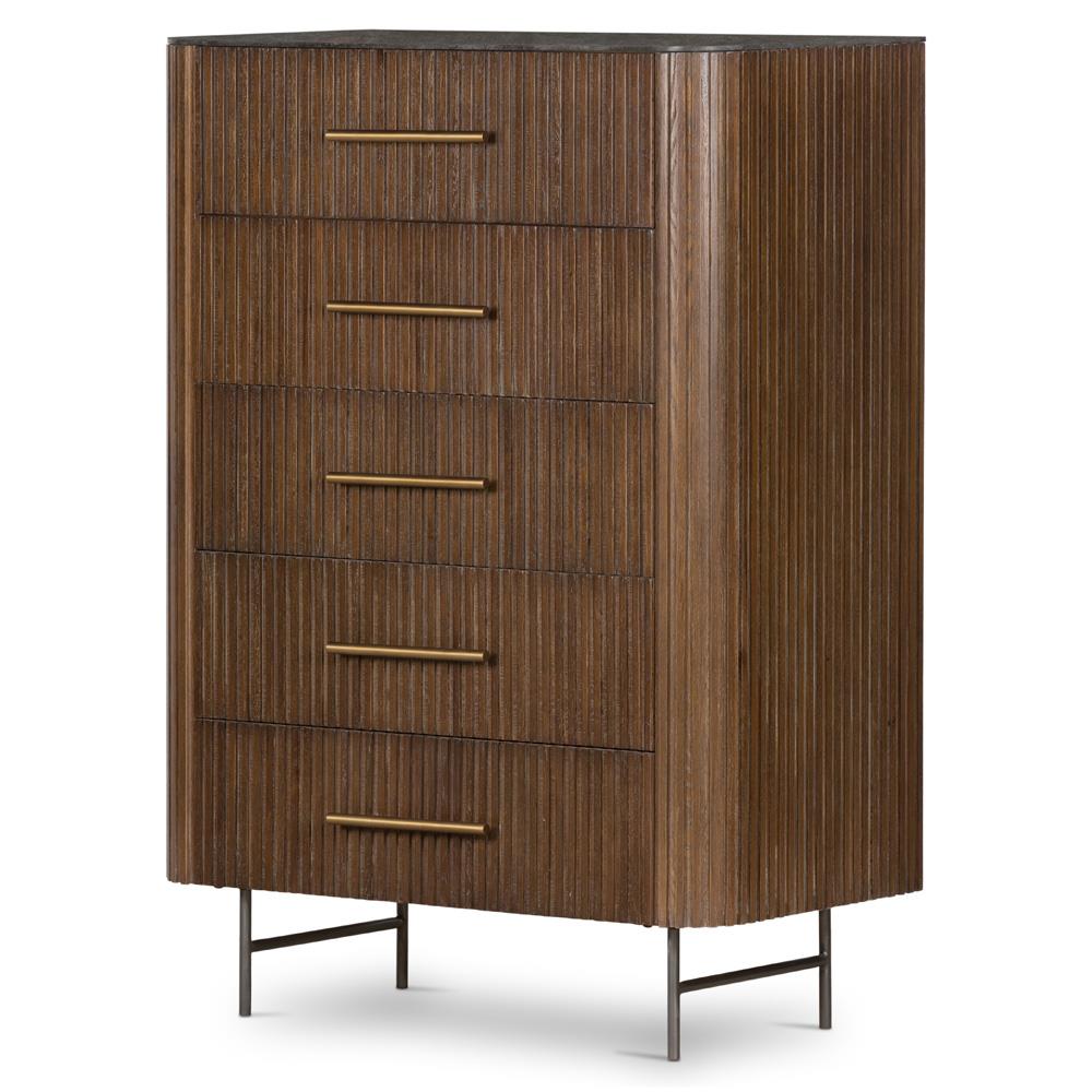 Florence Mid Century Grey Stone Brown Oak Wood Brushed Iron 5 Drawer Tall Chest