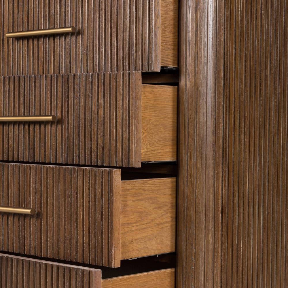 Florence Mid Century Grey Stone Brown Oak Wood Brushed Iron 5 Drawer Tall Chest