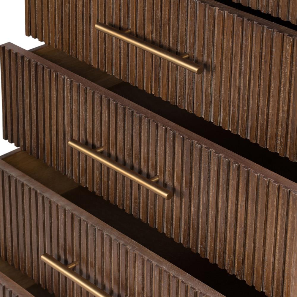 Florence Mid Century Grey Stone Brown Oak Wood Brushed Iron 5 Drawer Tall Chest