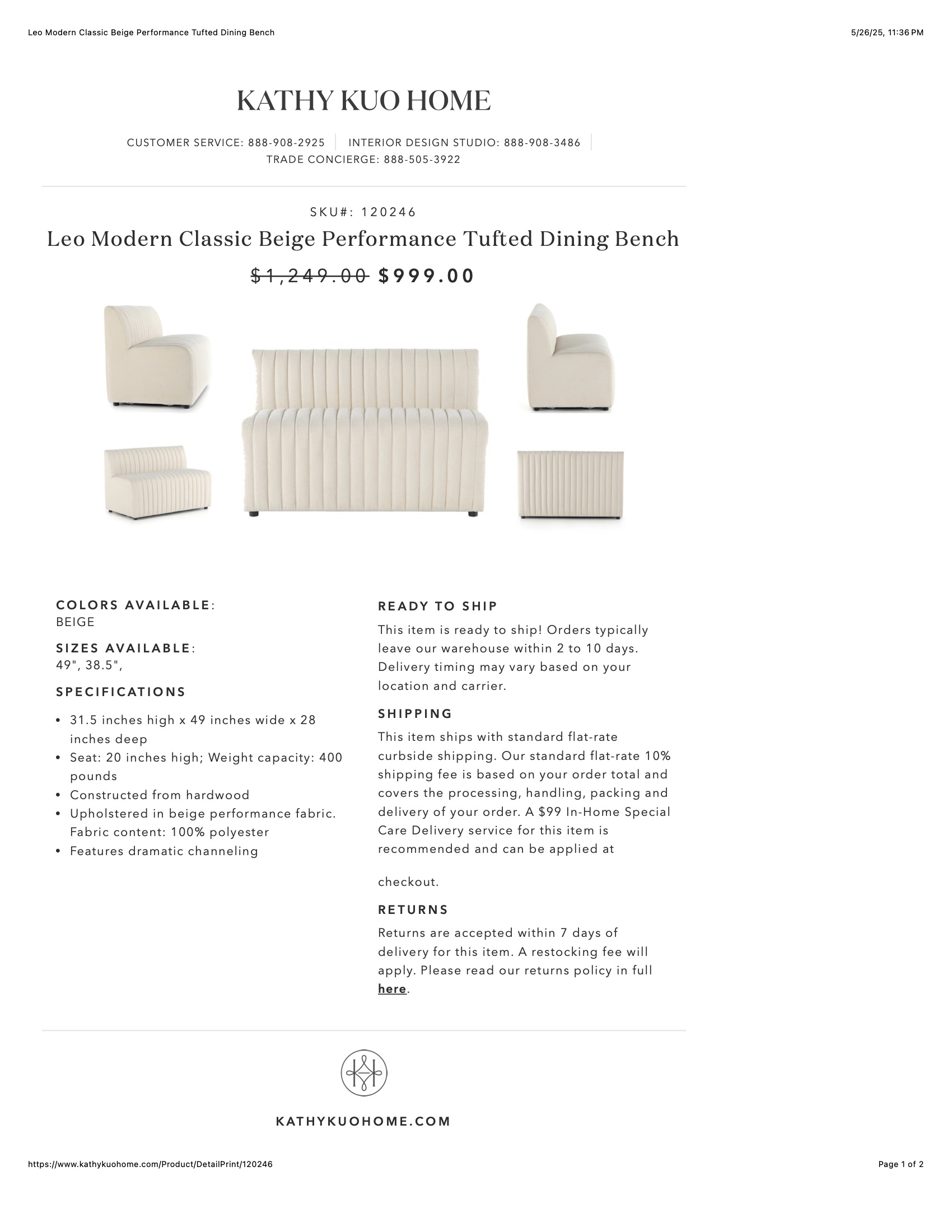 Leo Modern Classic Beige Performance Tufted Dining Bench