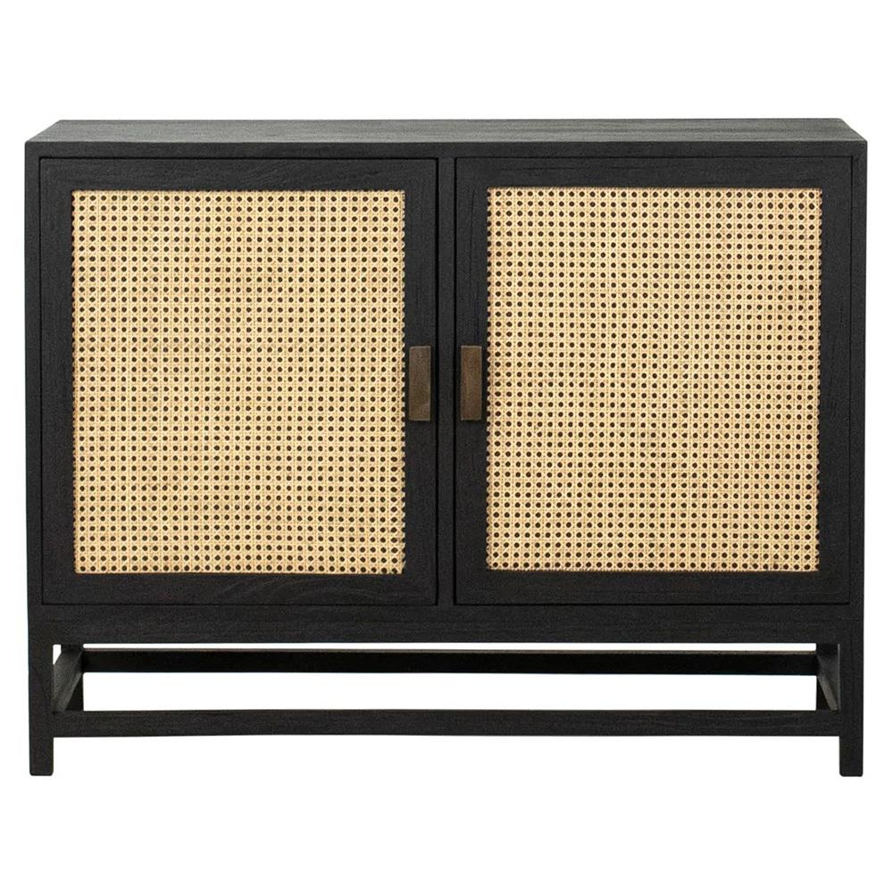 Robin Coastal Beach Black Hardwood Natural Woven Rattan 2 Door Sideboard