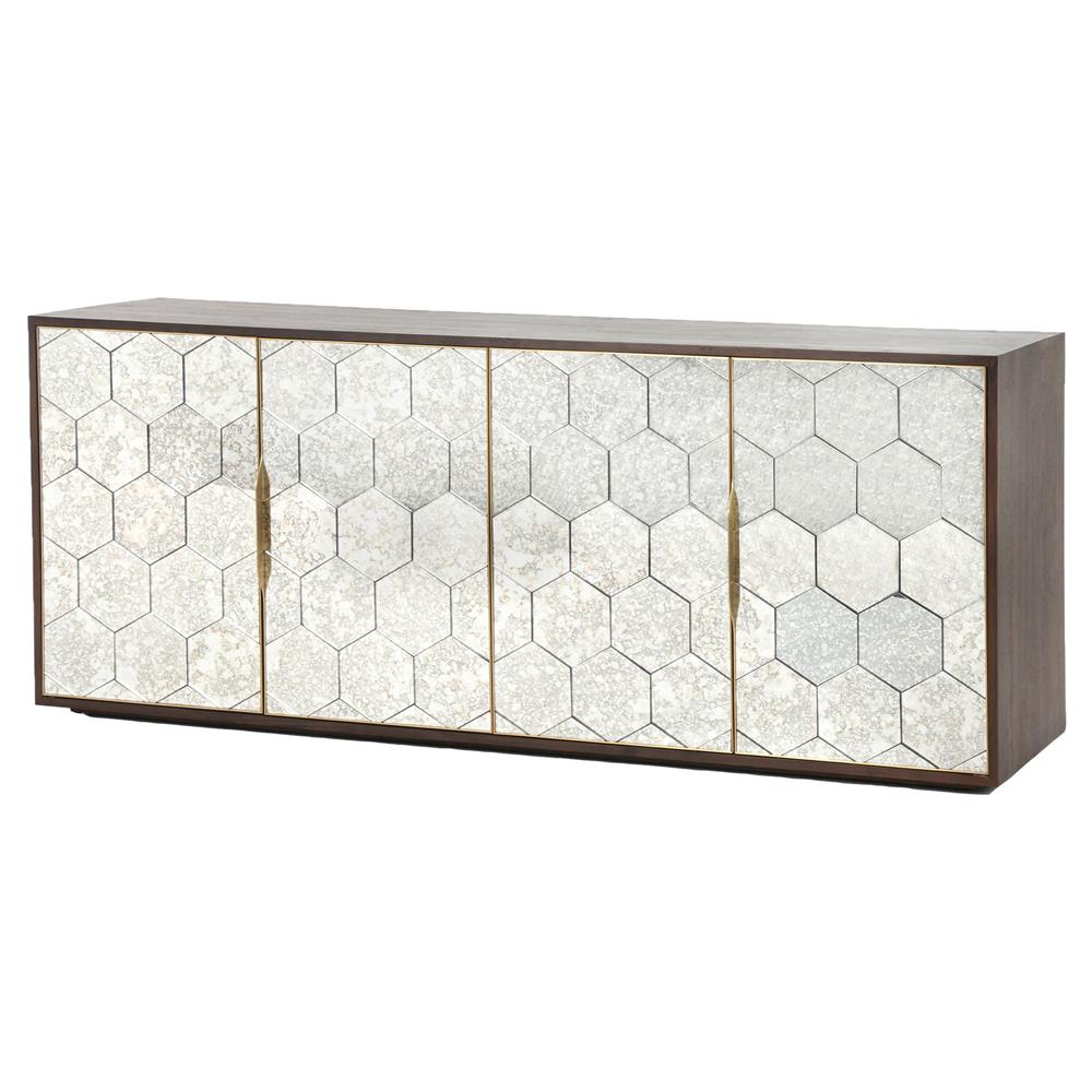 Earl Modern Honeycomb Pattern Mirrored Door Dark Walnut Wood Sideboard