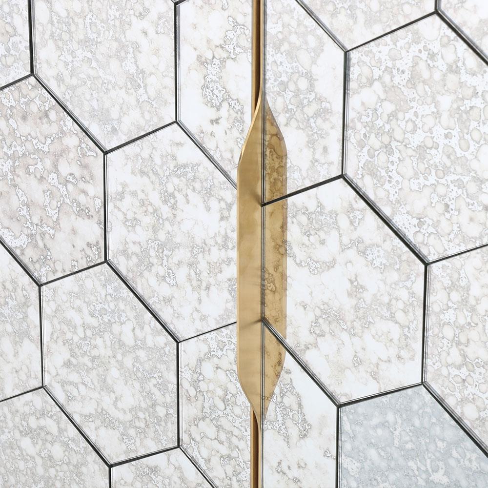 Earl Modern Honeycomb Pattern Mirrored Door Dark Walnut Wood Sideboard