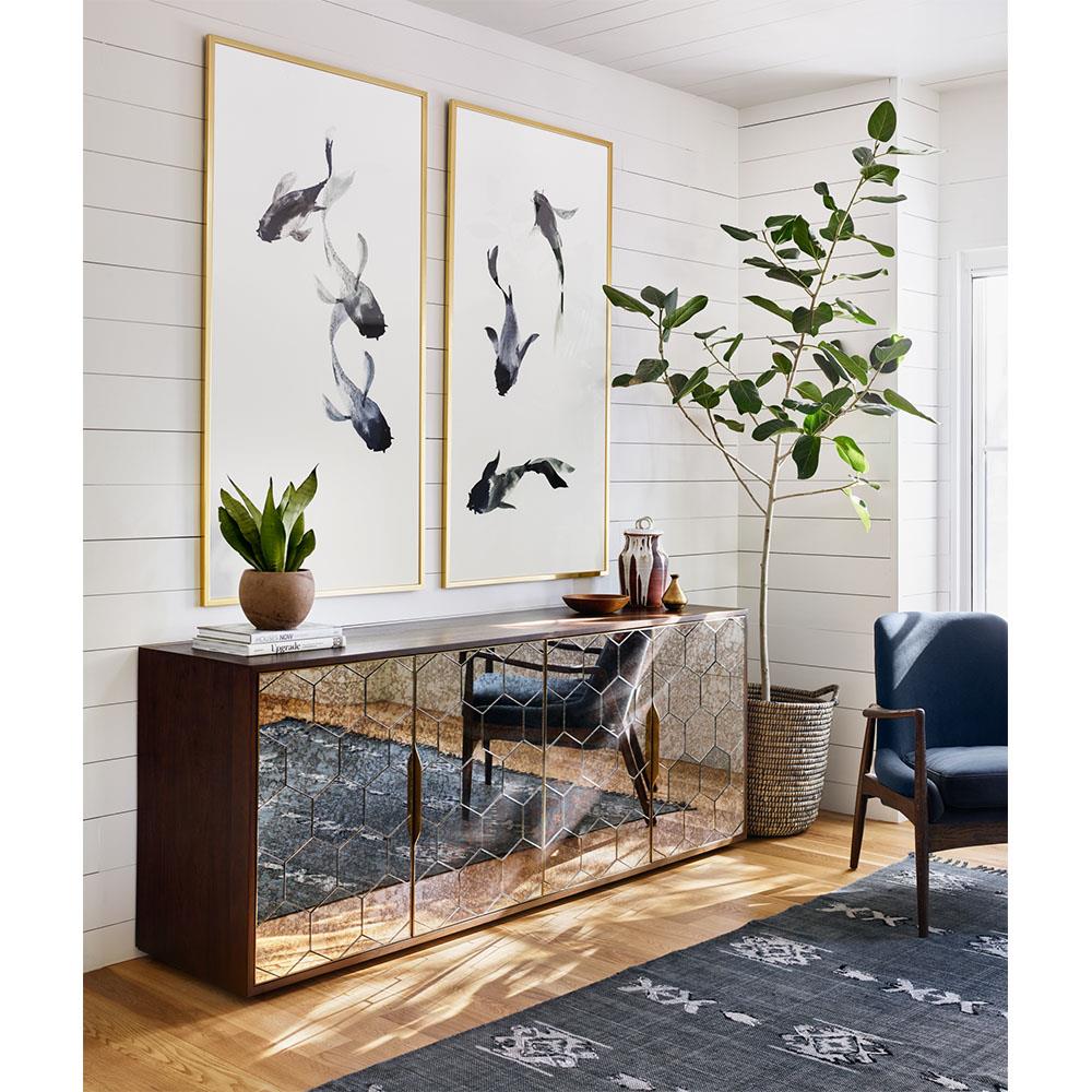 Earl Modern Honeycomb Pattern Mirrored Door Dark Walnut Wood Sideboard