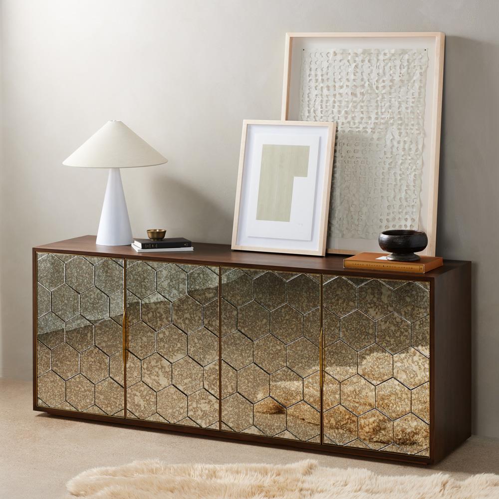 Earl Modern Honeycomb Pattern Mirrored Door Dark Walnut Wood Sideboard
