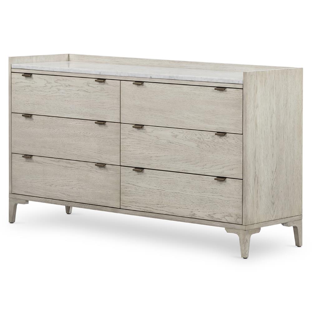 Vienna Rustic Lodge Beige Oak Wood Grey Marble Top 6 Drawer Double Dresser