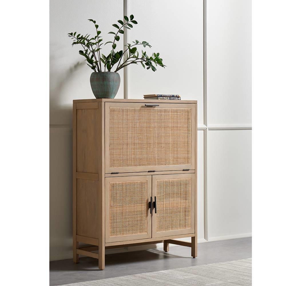 Corazon Global Bazaar Natural Woven Cane Brown Mango Wood Bar Cabinet