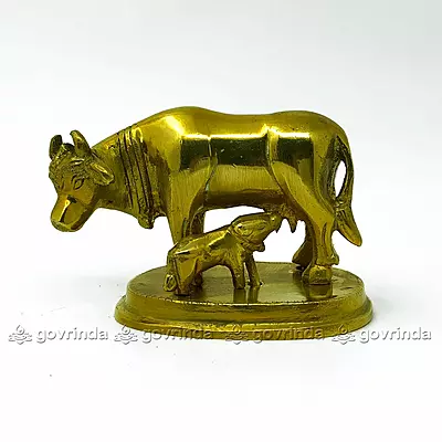 Brass Cow and Calf Statue | Brass Golden Color Kamdhenu Cow | Surabhi Gay | Lucky Figurine | Home Decor/Car Dashboard | Height - 4x3 Inches