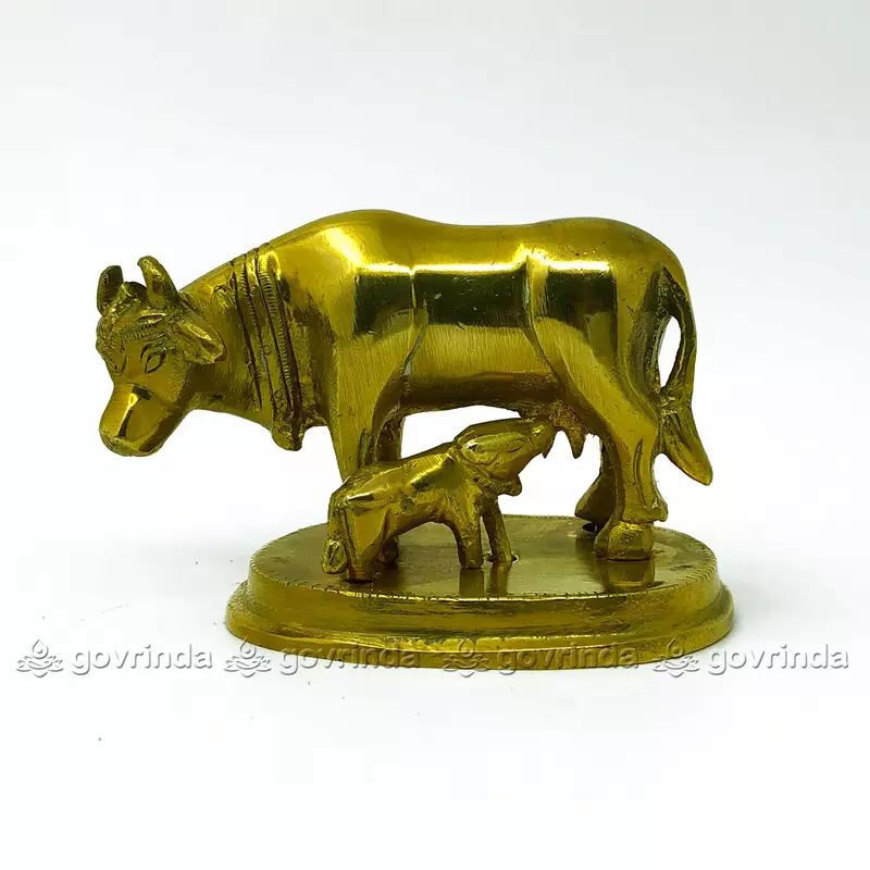 Brass Cow and Calf Statue | Brass Golden Color Kamdhenu Cow | Surabhi Gay | Lucky Figurine | Home Decor/Car Dashboard | Height - 4x3 Inches