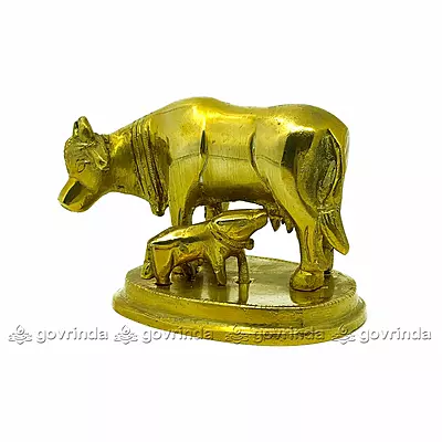 Brass Cow and Calf Statue | Brass Golden Color Kamdhenu Cow | Surabhi Gay | Lucky Figurine | Home Decor/Car Dashboard | Height - 4x3 Inches