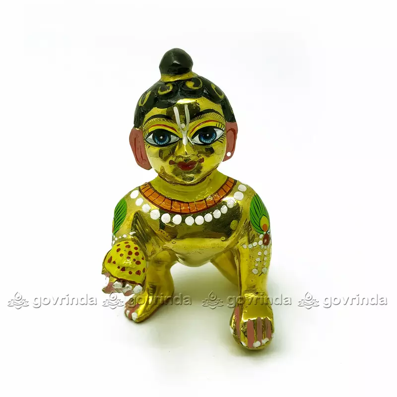 Laddu Gopal with Makeup | Brass Golden Color | Thakur Ji, Kahna, Krishna Murti Idol (Weight: 1000 Gram)