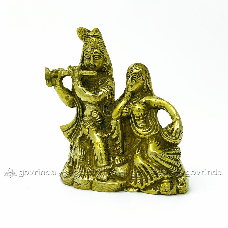 Radha Krishna Brass Idol | Yellow Statue Playing Flute | Home Decorative Joint Idol 4.5 Inches