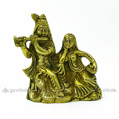 Radha Krishna Brass Idol | Yellow Statue Playing Flute | Home Decorative Joint Idol 4.5 Inches