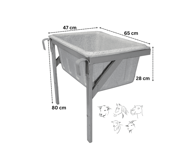 Farmex Feeder Trough 50L Hanger Solid Box with galvanized steel frame showing dimensions