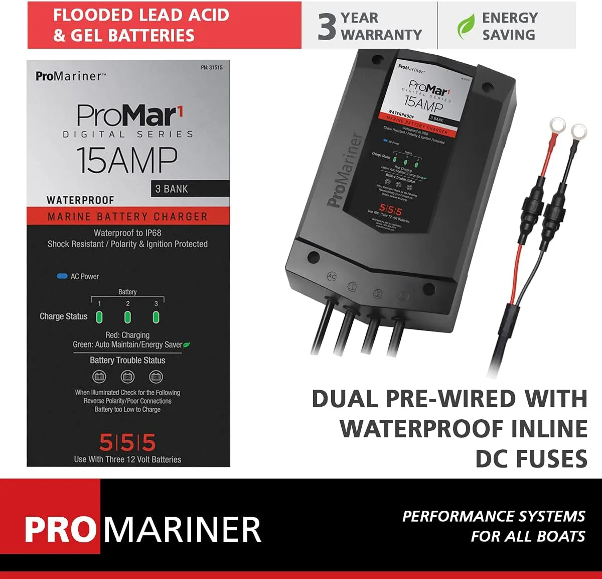 ProMariner 31515 ProMar1 DS Generation 3 Digital Battery Charger - 15 Amp, Black, Standard