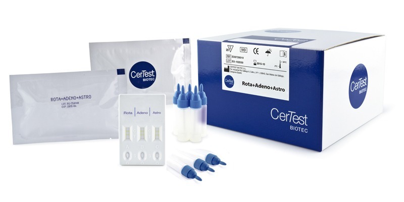Prueba combo card para detección de Rotavirus, Adenovirus y Astrovirus en cassette - Caja con 20 piezas - CerTest