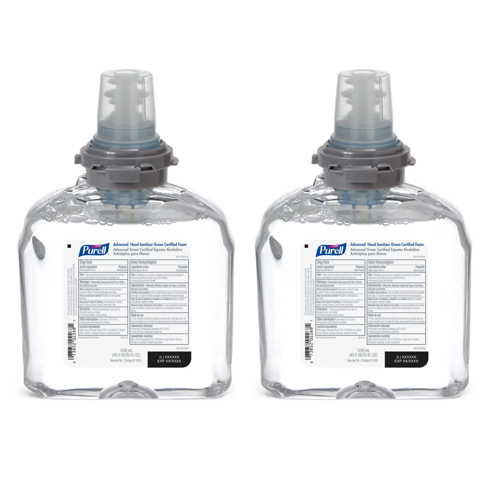 Purell Advanced Green Certified Instant Hand Sanitizer Foam, 1200 mL Hand Sanitizer Foam Refill for Purell TFX Touch-Free Dispenser (Pack of 2) - 5391-02 Foam - Green Certified Foam Refill