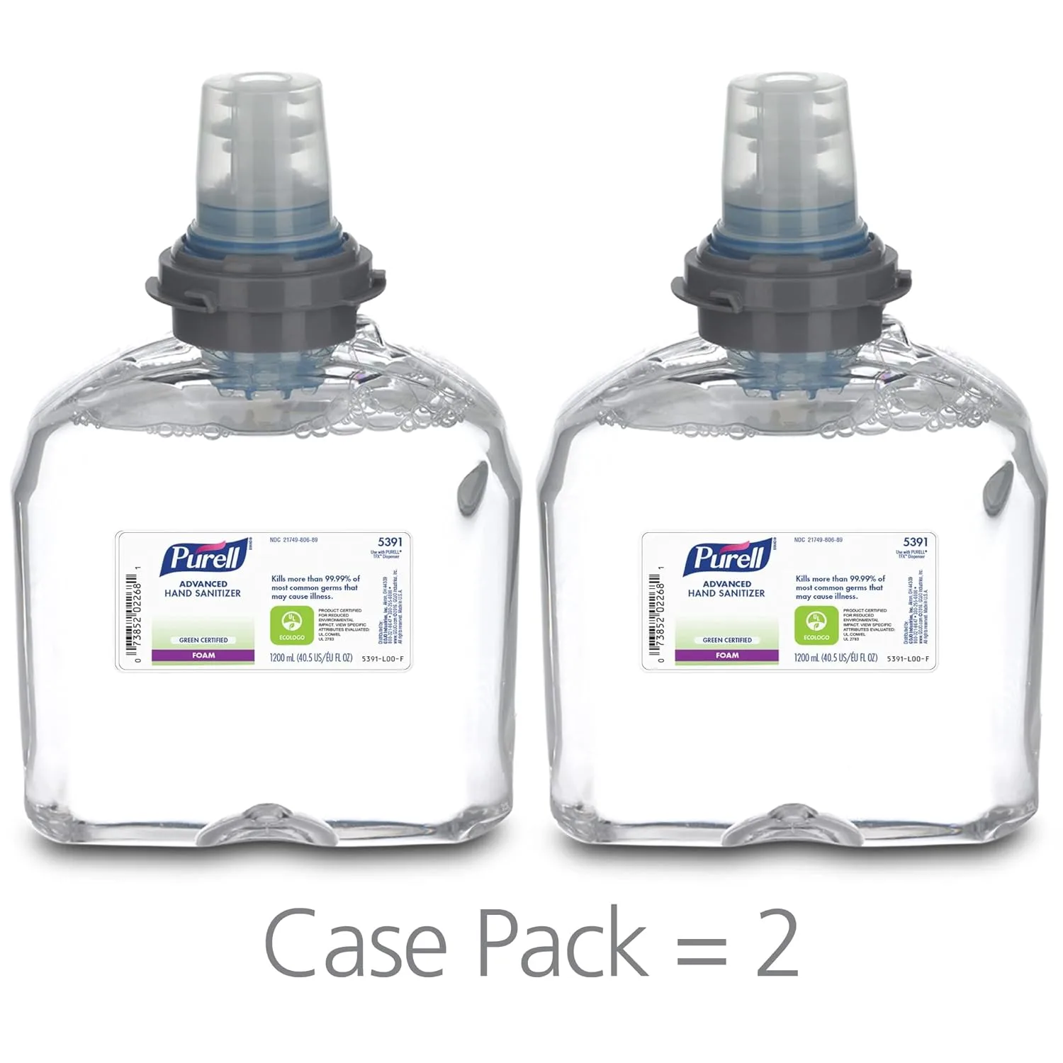Purell Advanced Green Certified Instant Hand Sanitizer Foam, 1200 mL Hand Sanitizer Foam Refill for Purell TFX Touch-Free Dispenser (Pack of 2) - 5391-02 Foam - Green Certified Foam Refill