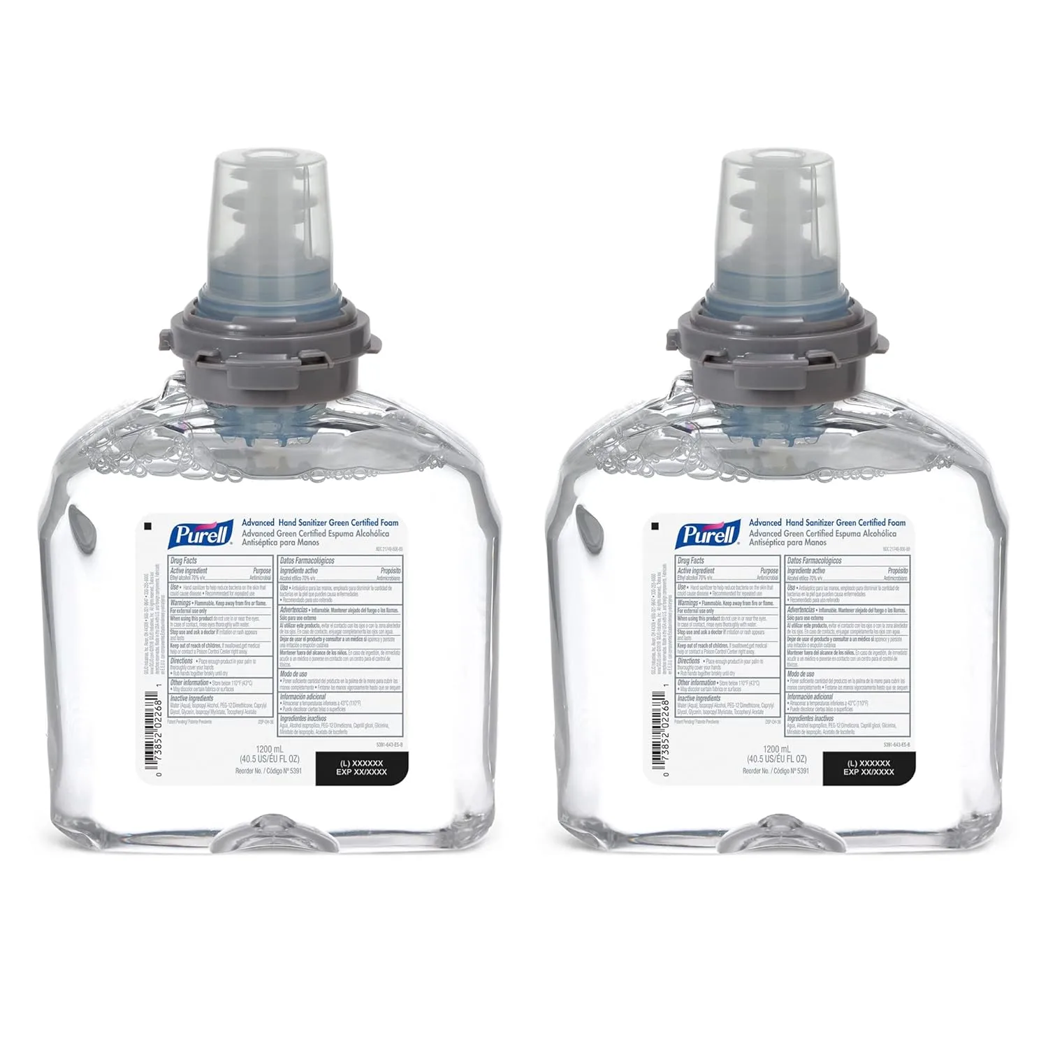 Purell Advanced Green Certified Instant Hand Sanitizer Foam, 1200 mL Hand Sanitizer Foam Refill for Purell TFX Touch-Free Dispenser (Pack of 2) - 5391-02 Foam - Green Certified Foam Refill