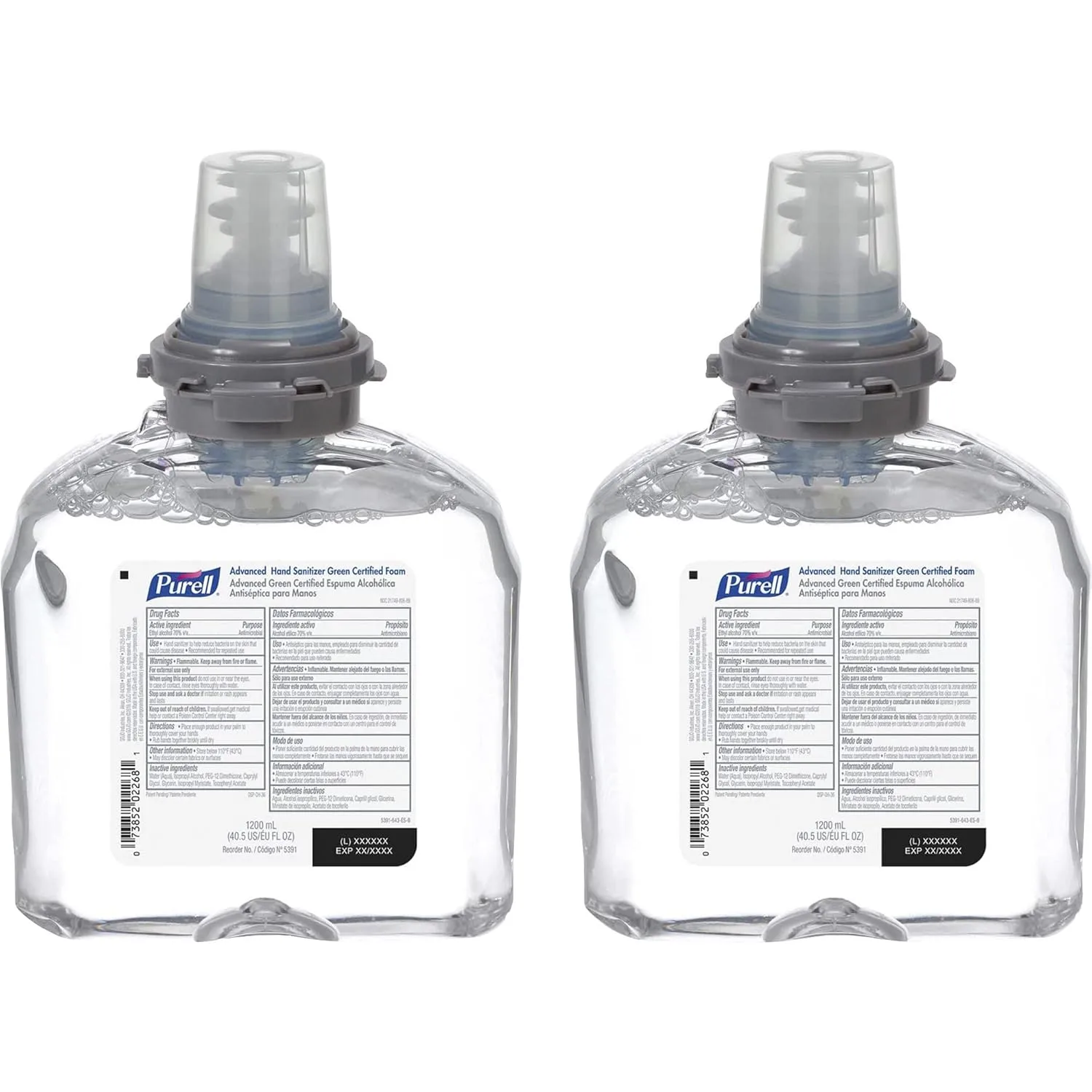 Purell Advanced Green Certified Instant Hand Sanitizer Foam, 1200 mL Hand Sanitizer Foam Refill for Purell TFX Touch-Free Dispenser (Pack of 2) - 5391-02 Foam - Green Certified Foam Refill