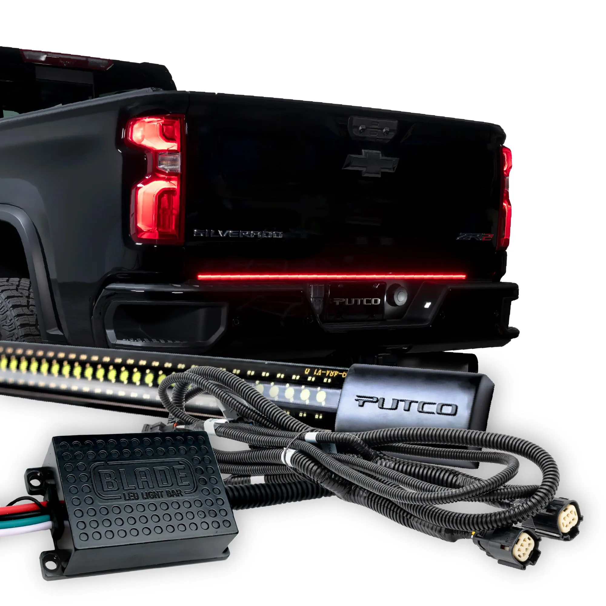 Putco 60" Blade LED Tailgate Light Bar Red/Amber/White LEDs & Plug-N-Play Quick Connect Harness - Fits Chevy Silverado/GMC Sierra 2020-2026