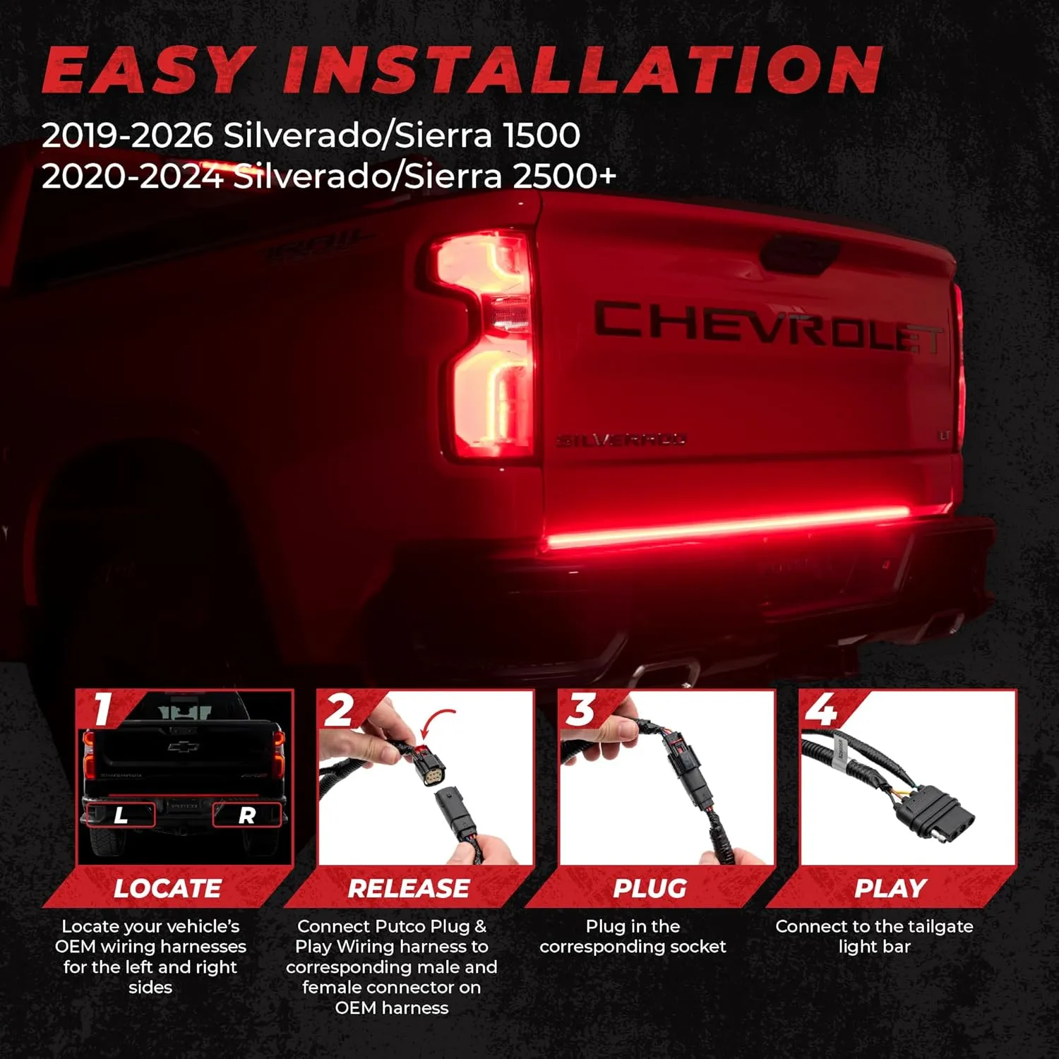 Putco 60" Blade LED Tailgate Light Bar Red/Amber/White LEDs & Plug-N-Play Quick Connect Harness - Fits Chevy Silverado/GMC Sierra 2020-2026