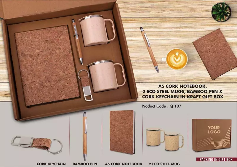 EcoSet 1: Set of A5 Cork notebook, 2 Eco Steel mugs