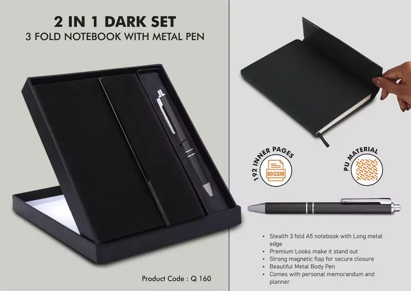 2 in 1 Dark Set: 3 fold Notebook with Metal Pen