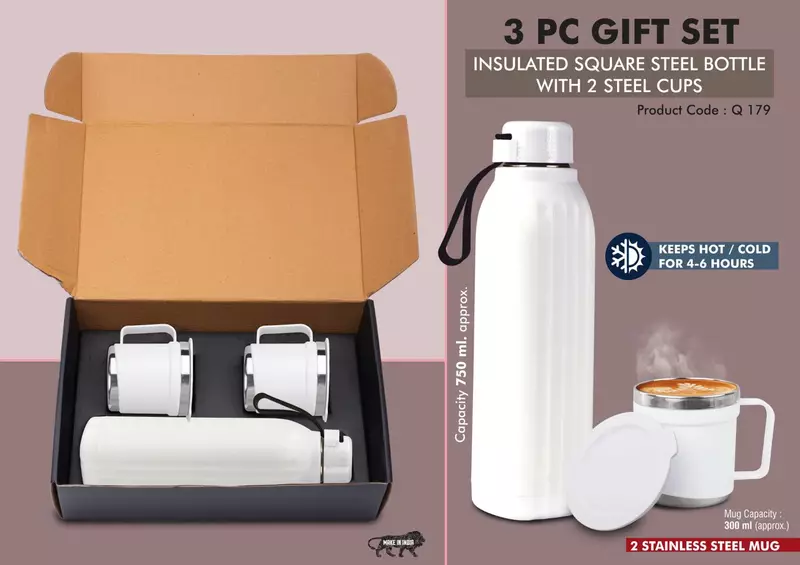 3 pc Gift Set : Insulated Hexa Steel bottle with 2 Steel cups