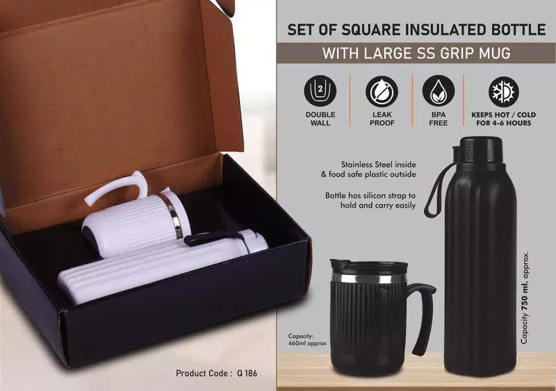 Set of Square Insulated bottle with Large SS Grip mug