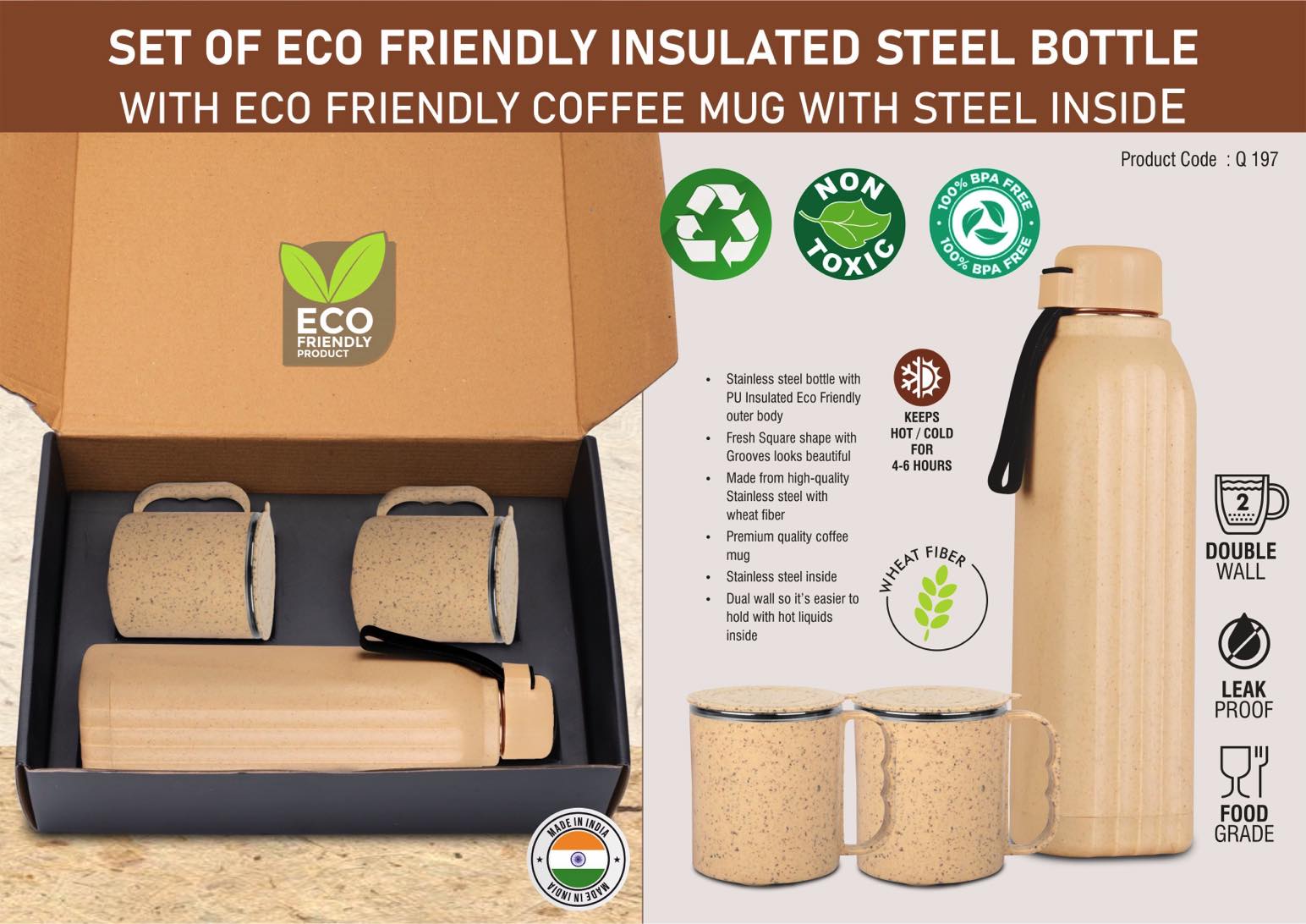 3 pc Eco Gift Set : Insulated Square Eco Steel bottle