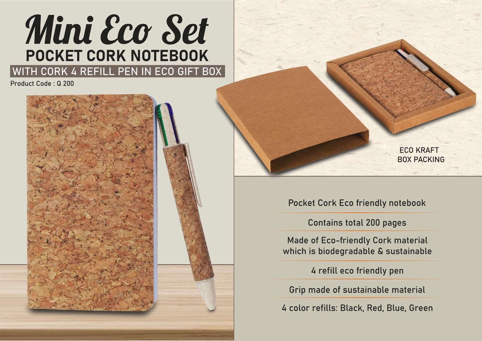 Mini Eco Set: Pocket Cork notebook with Cork 4 refill pen in Eco Gift Box