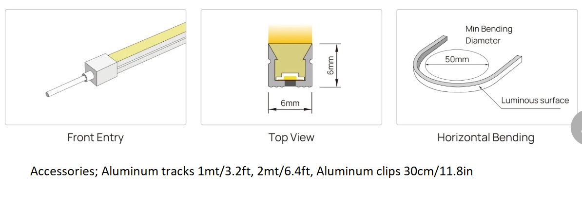 Neon-Flex 0606, 24VDC, 6 Watts/meter, 58LM/W, Dimmable, Cuts 25mm, Top Bend