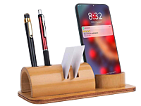 Bamboo phone stand with card holder and double pen stand
