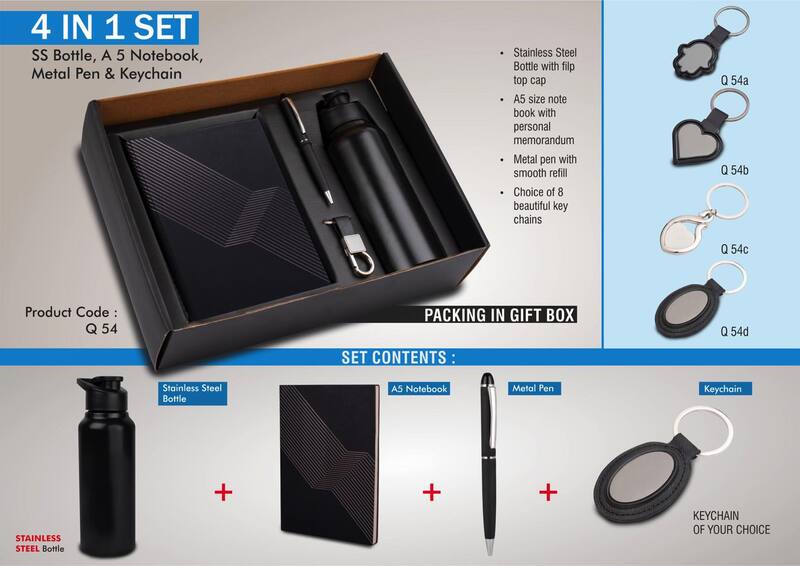 4 in 1 set: Stainless Steel bottle, metal pen, Metal keychain, A5 notebook