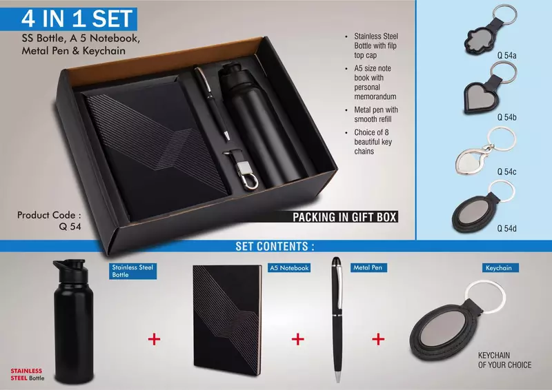 4 in 1 set: Stainless Steel bottle, metal pen, Metal keychain, A5 notebook