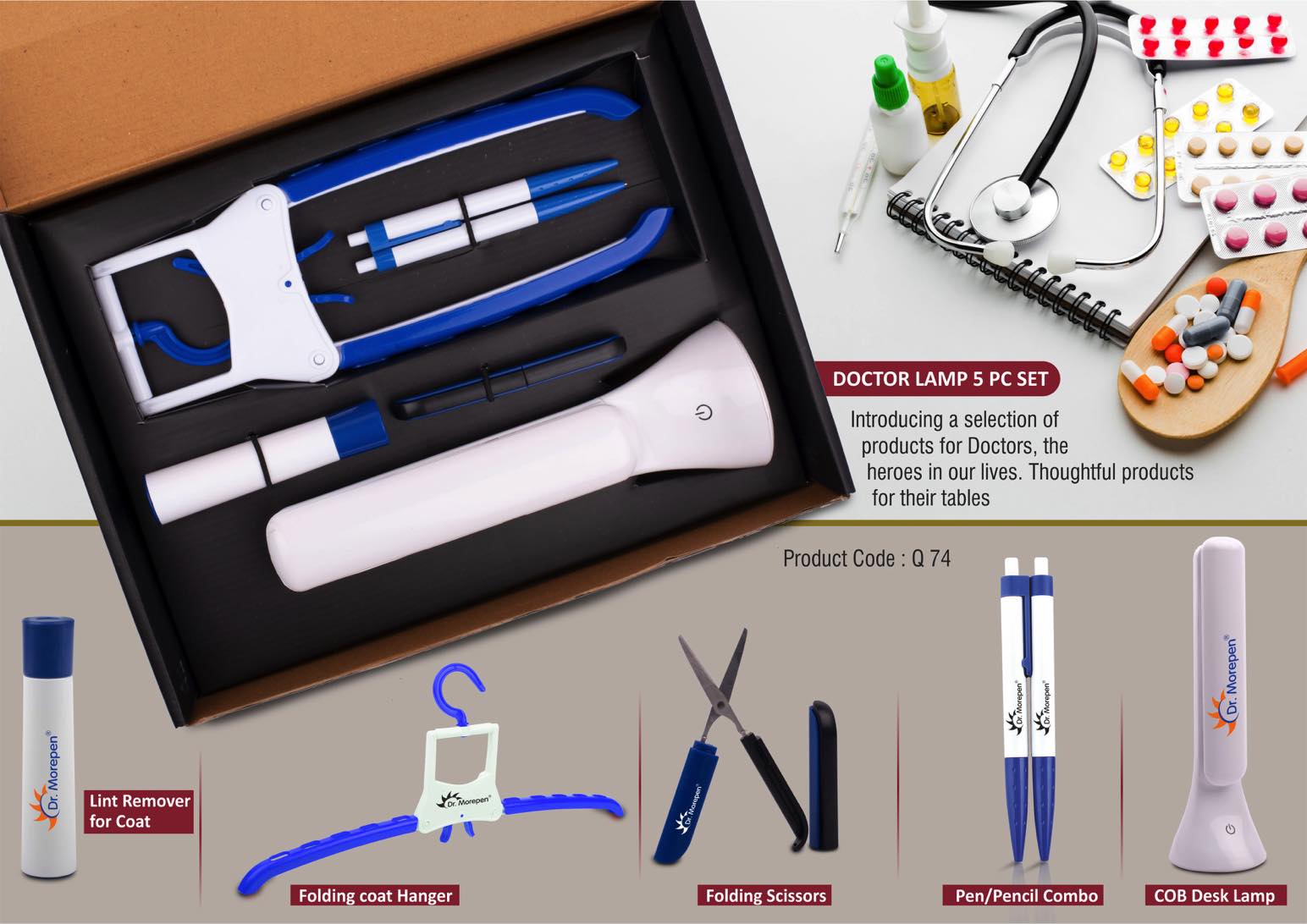 Doctor Lamp set: Folding Coat hanger, Lint remover, Folding scissors, Pen/Pencil