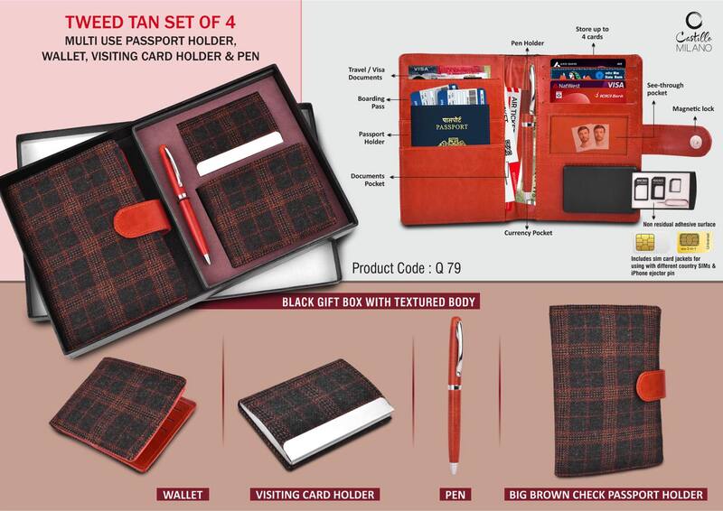 Tweed Tan Set of 4: Multi use Passport holder, Wallet, Card holder, Metal Pen