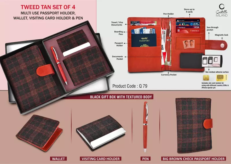 Tweed Tan Set of 4: Multi use Passport holder, Wallet, Card holder, Metal Pen